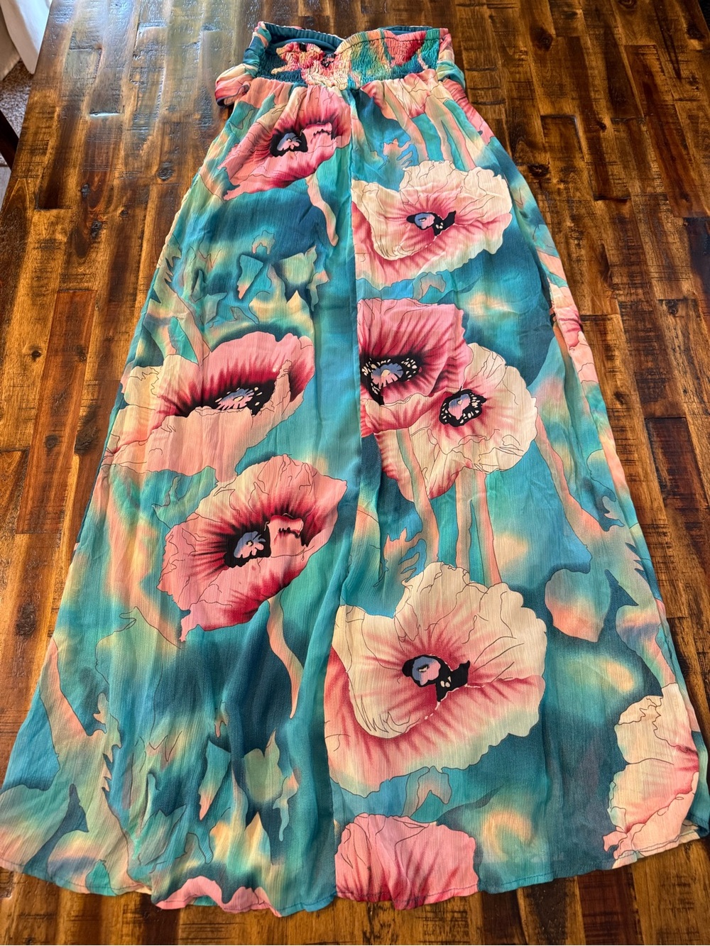 Spring/Summer women's strapless bandeau maxi dress. blue/pink floral flowy lined - Picture 6 of 10